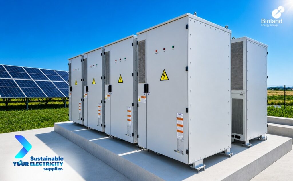 &Eta; Bioland Energy &epsilon;&gamma;&kappa;&alpha;&theta;&iota;&sigma;&tau;ά &sigma;&upsilon;&sigma;&tau;ή&mu;&alpha;&tau;&alpha; &alpha;&pi;&omicron;&theta;ή&kappa;&epsilon;&upsilon;&sigma;&eta;&sigmaf; &mu;&epsilon; &mu;&pi;&alpha;&tau;&alpha;&rho;ί&epsilon;&sigmaf;, &sigma;&upsilon;&nu;&omicron;&lambda;&iota;&kappa;ή&sigmaf; &iota;&sigma;&chi;ύ&omicron;&sigmaf; &pi;έ&rho;&alpha;&nu; &tau;&omega;&nu; 100MWh